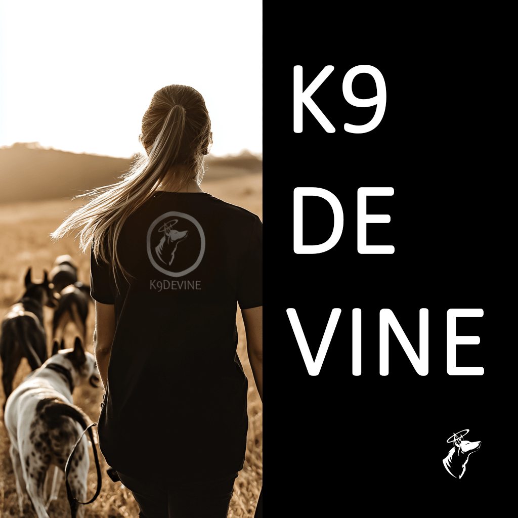 A woman viewed from behind walking dogs wearing a black t-shirt with the logo of K9 Devine
